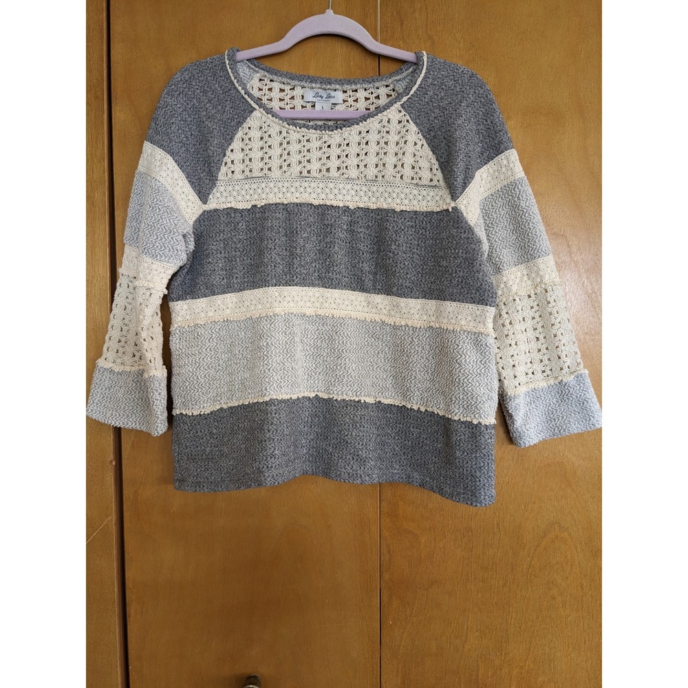 Lucky Lotus California Crochet Lace Mixed Knit Striped Sweater Grey Cream L Boho